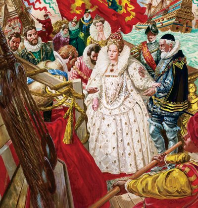 La regina Elisabetta I (1530-1603) sbarca, aiutata da Sir Walter Raleigh (1554-1618) (gouache su carta) da C.L. Doughty