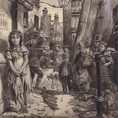Scena di bassifondi vittoriani (gouache su carta) da C.L. Doughty