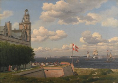 Vista verso la costa svedese dalle mura del castello di Kronborg da Christoffer Wilhelm Eckersberg