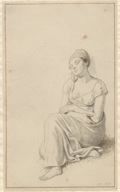 Una donna seduta appoggiata a un blocco di pietra e addormentata da Christoffer Wilhelm Eckersberg
