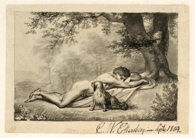 Un giovane nudo che dorme ai piedi di un albero, accanto a lui un cane da Christoffer Wilhelm Eckersberg