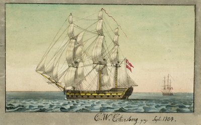 Una nave da guerra danese a vela, vista dal lato sottovento da Christoffer Wilhelm Eckersberg