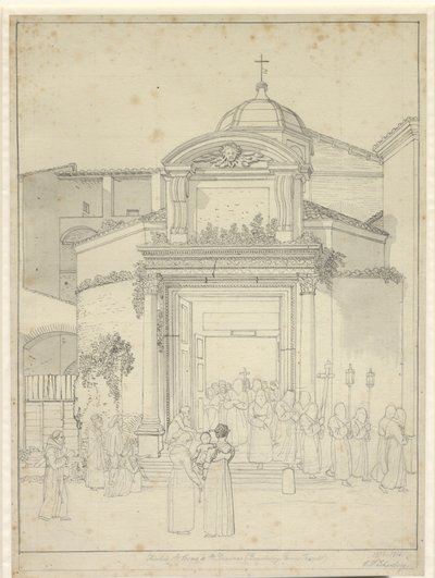 La chiesa dei Santi Cosma e Damiano (Tempio di Romolo e Remo) con monaci in processione che escono dalla porta della chiesa da Christoffer Wilhelm Eckersberg