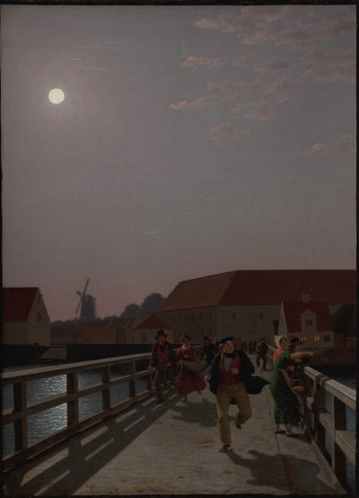 Langebro, Copenaghen, al chiaro di luna con figure in corsa da Christoffer Wilhelm Eckersberg
