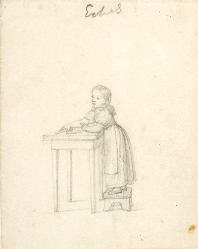 Bambina in piedi su uno sgabello vicino a un tavolo da Christoffer Wilhelm Eckersberg