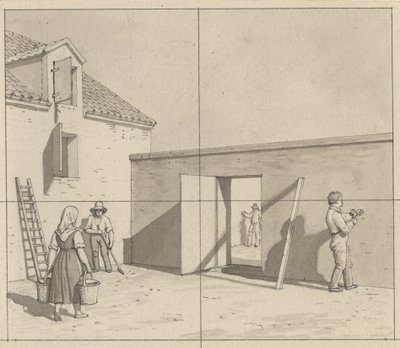 Prospettiva lineare, applicata alla pittura - bozza per illustrazione non utilizzata - Cortile danese con quattro contadini e artigiani da Christoffer Wilhelm Eckersberg