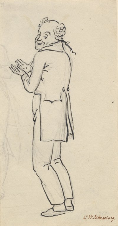 Satirisk blad; en smilende mand, set fra siden, med begge hænder op foran brystet, samt del af et let blyant rids [afskåret] da Christoffer Wilhelm Eckersberg