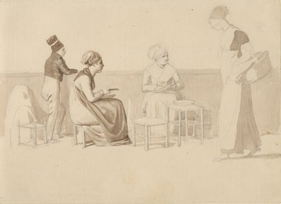 Scena di un cortile o molo a Parigi. Quattro figure sedute, in piedi e in movimento. da Christoffer Wilhelm Eckersberg