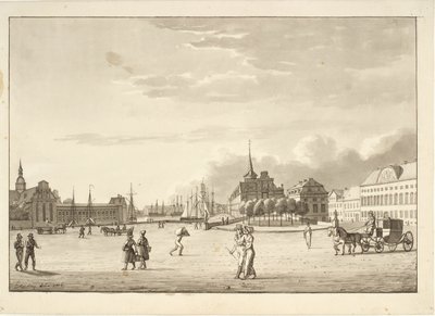 Piazza del Castello a Copenaghen con la chiesa di Holmen, la Borsa, la banca ora scomparsa e l