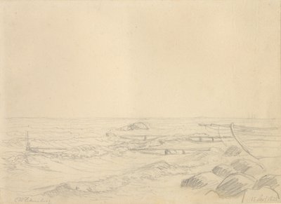 Paesaggio costiero con onde che si infrangono contro le rocce e un pontile da Christoffer Wilhelm Eckersberg