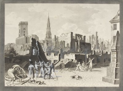 Piazza Ulfeldt, ora chiamata Gråbrødretorv, dopo il bombardamento britannico del settembre 1807 da Christoffer Wilhelm Eckersberg