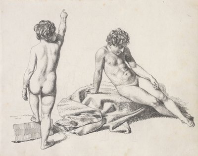 Due bambine nude, una seduta vista di fronte, l