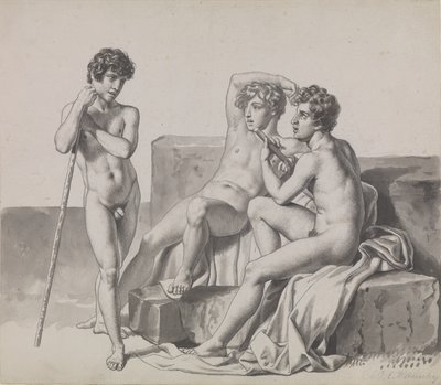 Tre giovani ragazzi nudi in piedi o seduti tra blocchi di pietra da Christoffer Wilhelm Eckersberg