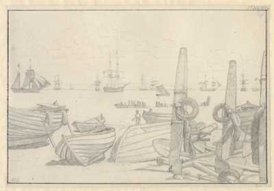 Vista dalla spiaggia a sud di Helsingør verso la nave di guardia, il brigantino "Falster" da Christoffer Wilhelm Eckersberg