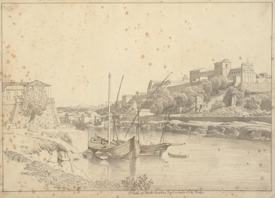 Vista sul Tevere presso Porto di Ripa Grande fuori Porta Portese verso Marmorata e le chiese sul Monte Aventino, Roma da Christoffer Wilhelm Eckersberg