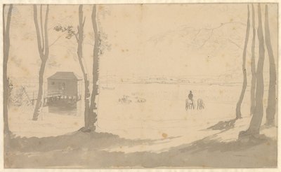 Vista su un lago, a sinistra una casa da bagno, al centro cavalieri che abbeverano i cavalli, in primo piano alberi da Christoffer Wilhelm Eckersberg