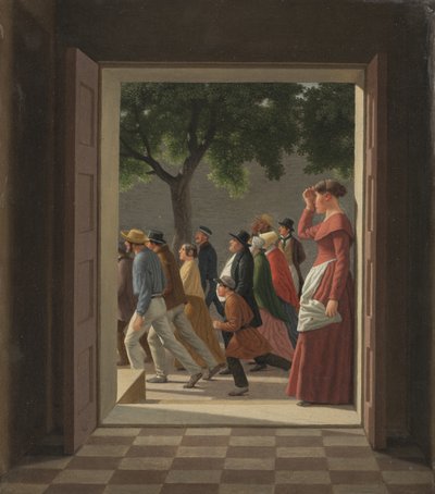 Vista attraverso una porta verso figure in corsa da Christoffer Wilhelm Eckersberg
