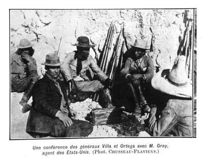 Incontro dei generali Villa (c.1877-1923) Ortega e del rappresentante americano, Mr Gray da C. Chusseau Flaviens