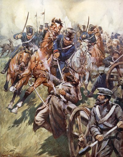 "Cosacco e russo vacillavano dal colpo di sciabola, frantumati e spezzati" (litografia a colori) da C. Dudley Tennant