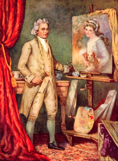 George Romney che dipinge un quadro di Lady Hamilton (litografia a colori) da C. Dudley Tennant