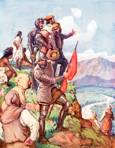 Jacques Cartier rivendica il Canada per la Francia (litografia a colori) da C. Dudley Tennant