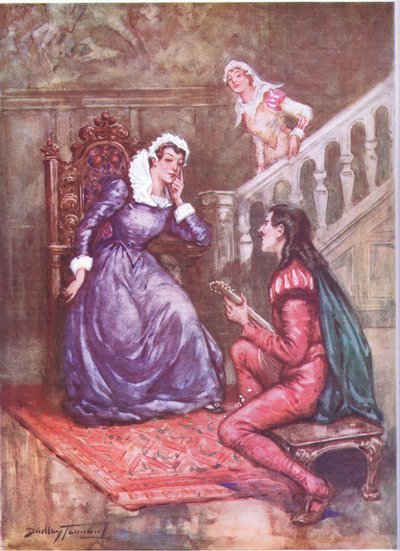 Il musicista che conquistò il favore di una regina. Maria Stuarda e David Rizzio (litografia a colori) da C. Dudley Tennant