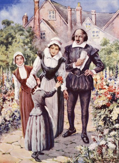 William Shakespeare, con sua moglie e due figlie, nel giardino di New Place, Stratford-upon-Avon da C. Dudley Tennant