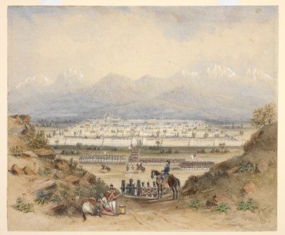 Un generale che rivede la cavalleria e la fanteria, che stanno per entrare in una città murata in un paese montuoso, forse Kandahar (N.W.F.P.). 1843, dopo uno schizzo precedente. da C. Graham