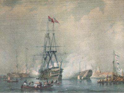 HMS Victory che spara un saluto reale al porto di Portsmouth, da British Adventure pubblicato da Collins, 1947 da C. J. M. Whichello
