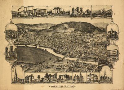 Corning, N.Y., 1882 - nodo della New York, Lake Erie, and Western e della Syracuse, Geneva  Corning R.R. LOC 88690691 da C. J. Philadelphia Publishing House; Corbin
