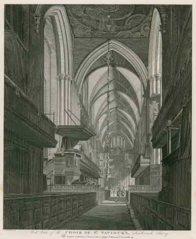 Vista occidentale del coro della chiesa di St Saviour, Southwark, Surrey da C. John Mayle Whichelo