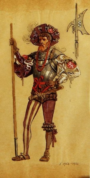 Un cortigiano in armatura, costume per Come vi piace, prodotto da R.Courtneidge al Princes Theatre, Manchester da C. Wilhelm