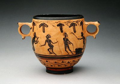 Skyphos con scene di parodia, c.430-410 a.C. da Cabirian