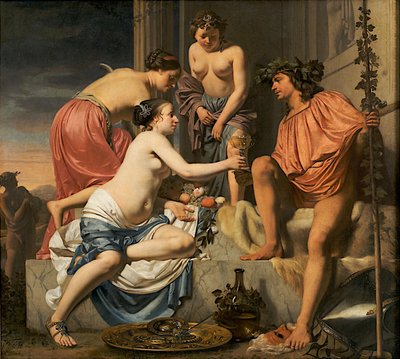 Bacco su un trono - Ninfe che offrono vino e frutta a Bacco da Cesar Boetius van Everdingen