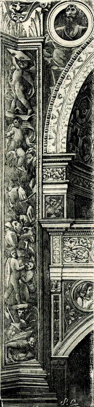 Fregio decorato da Callisto Piazza, Tempio Civico della Beata Vergine Incoronata, Lodi, Lombardia, Italia, xilografia da Callisto Piazza
