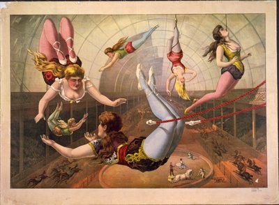 Acrobate femminili su trapezi al circo, c. 1890 da Calvert Litho. Co.