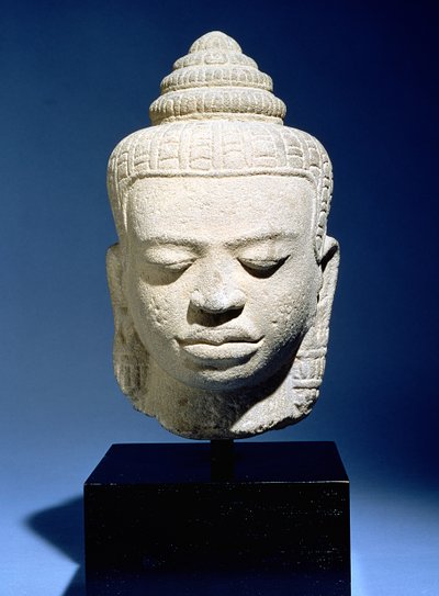 Testa del Buddha, Khmer, cambogiano, c. XII-XIII secolo (arenaria) da Cambodian School