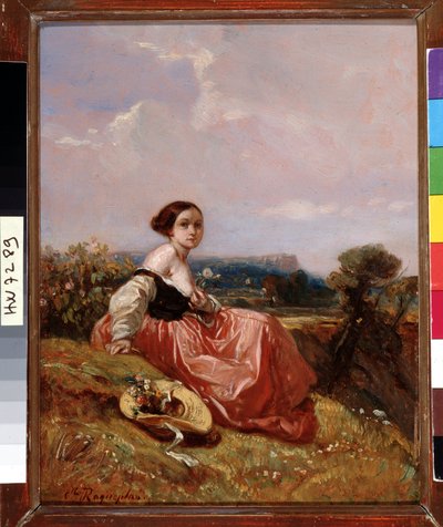 Giovane ragazza con cappello davanti alla Montagna Sainte-Victoire da Camille Joseph Etienne Roqueplan