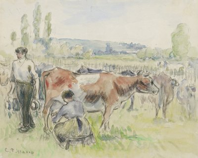 Studio compositivo di una scena di mungitura a Eragny-sur-Epte, 1884 da Camille Jacob Pissarro