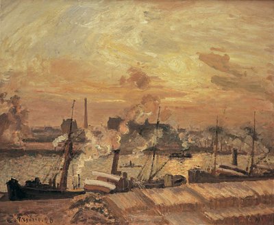 Scarico di legname, quai de la Bourse, tramonto, 1898 da Camille Jacob Pissarro