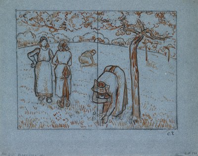 Studio compositivo di quattro contadine che lavorano in un frutteto 