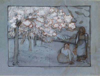 Studio compositivo di due contadine che conversano in un frutteto da Camille Pissarro