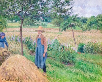 Giardiniere in piedi accanto a un pagliaio, cielo coperto, Eragny da Camille Pissarro