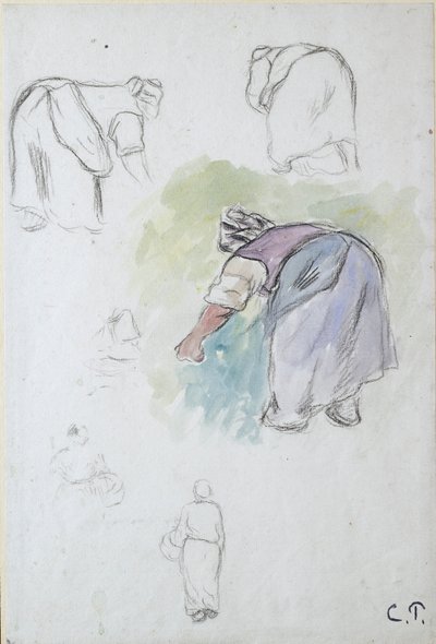 Foglio di studi: quattro studi di una contadina piegata e due studi di una donna che tiene una bas da Camille Pissarro