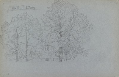 Studio di alberi, con un leggero studio di una chiatta da Camille Pissarro