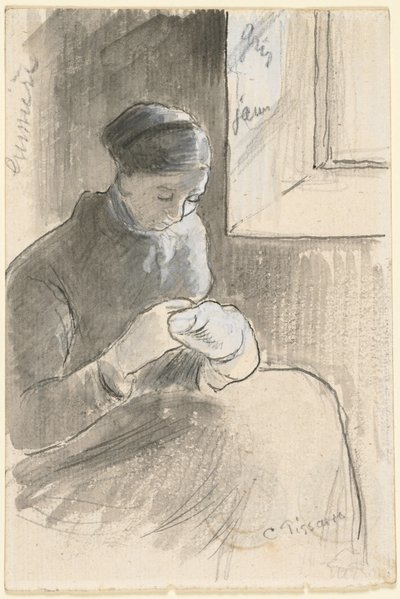 Il rammendatore, 1881 circa (penna e inchiostro nero, pennello e lava grigia su grafite con aggiunta di gouache bianca) da Camille Pissarro