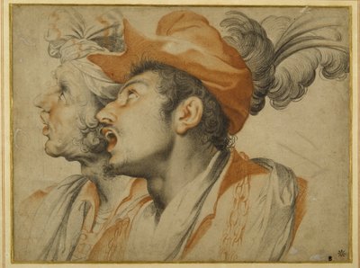 Grottesco di due uomini vestiti alla moda che cantano da Camillo Procaccini