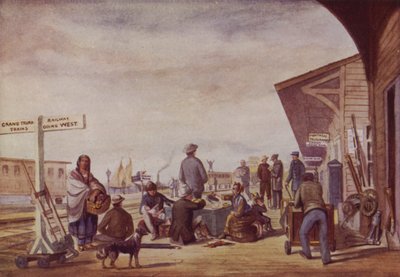 Immigrati alla stazione ferroviaria, Toronto (litografia a colori) da Canadian School