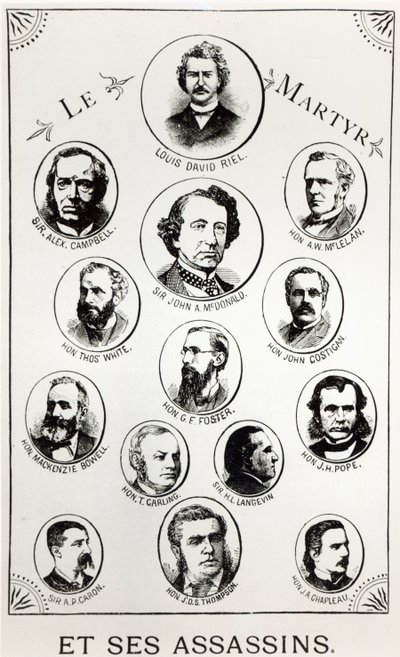 Louis Riel (1844-85) e i suoi assassini, illustrazione da Le Gibet de Regina, pubblicata nel 1886 da Canadian School