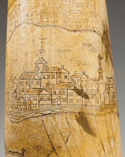 Corno da polvere, inciso con una mappa del fiume San Lorenzo nella zona di Quebec da Canadian School